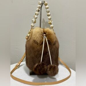 Brown Gradient Real Mink Fur Handmade Drawstring Bucket Bag Includes 2 Straps